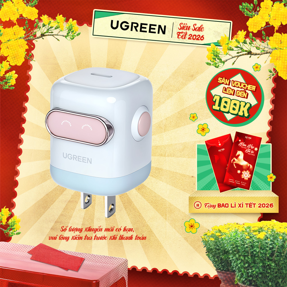 Củ sạc nhanh 30W/65W Robot Ugreen Uno 2 X622/X662 | Công nghệ GaN | Màn hình LCD | BH 18 tháng 1 đổi