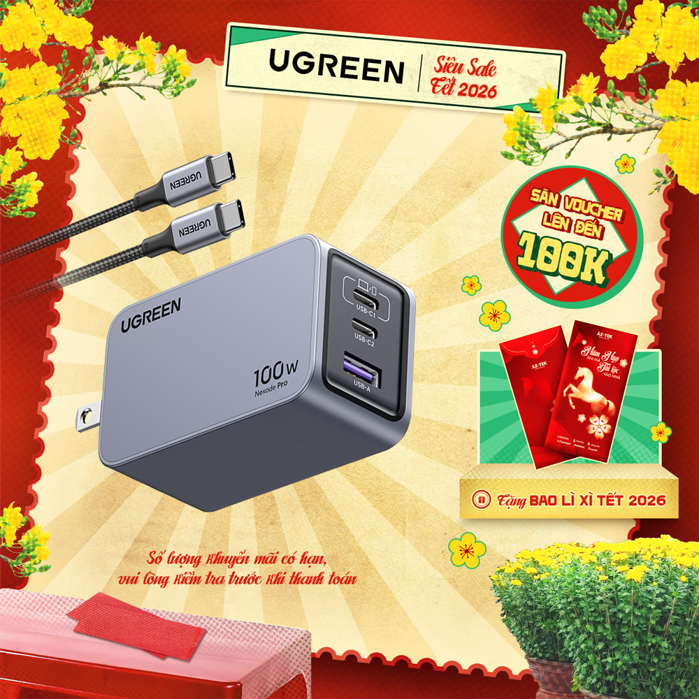 Bộ sạc nhanh UGREEN 100W Nexode GaN Pro X757 | 3 cổng sạc USB C/USB A | Kèm cáp sạc nhanh Type-C 100