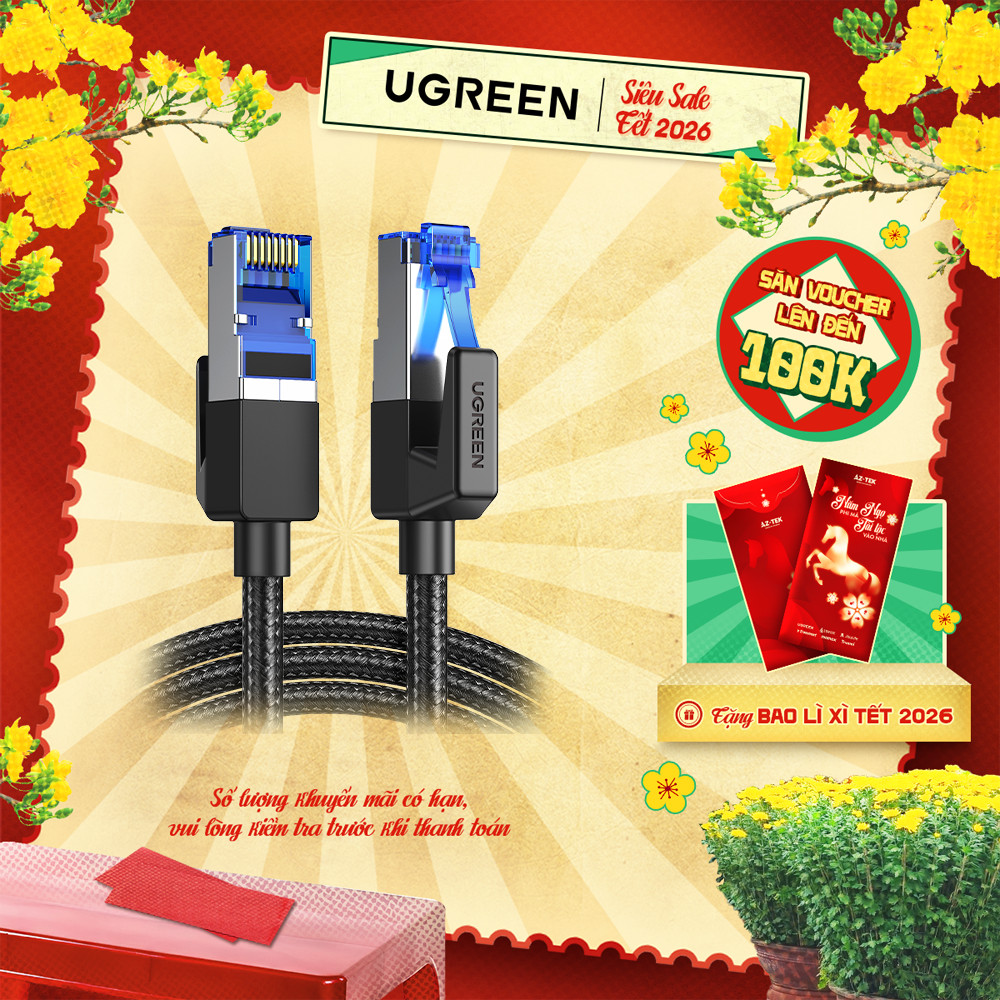 Dây cáp mạng Cat8 UGREEN NW153 bọc dù dài 1M | Hỗ trợ chuẩn BASE-T 40Gbps Bảo Hành 18 Tháng 1 Đổi 1 