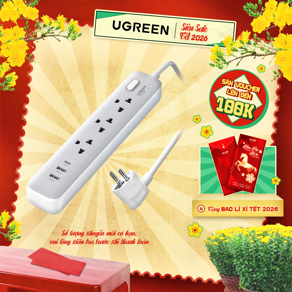 Ổ cắm điện đa năng UGREEN CD286 | 6 cổng tích hợp | Công suất tối đa 100W | Bảo Hành 18 Tháng 1 Đổi 