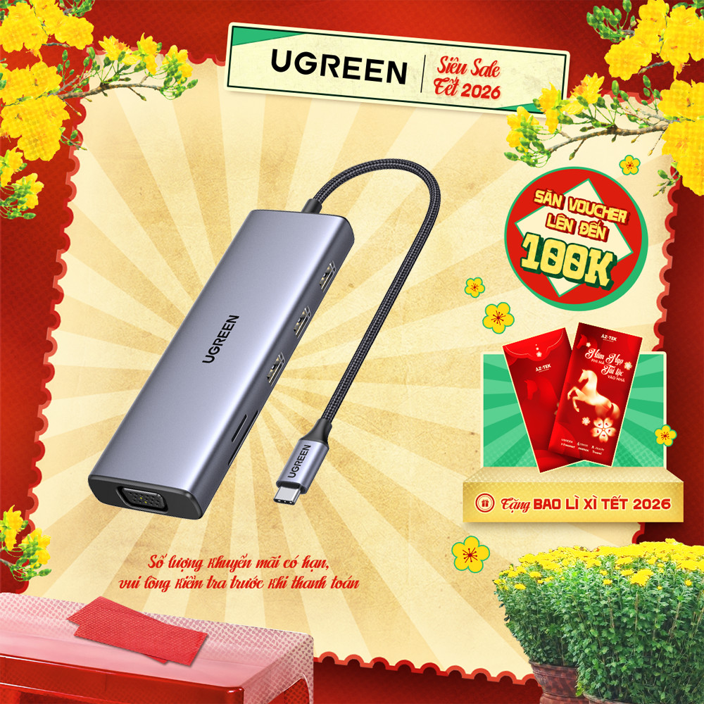 Hub chuyển đổi Type C UGREEN 9 in 1| HDMI 4K UHD| USB 3.0 | Bảo Hành 18 Tháng | 15600 90119