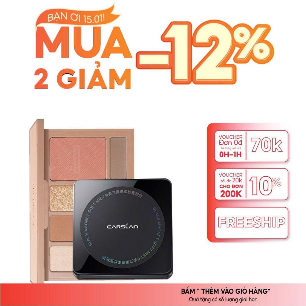 Combo bảng phấn mắt Carslan 10 ô đa sắc + phấn nén Carslan nền mịn, kiềm dầu hiệu quả 2025
