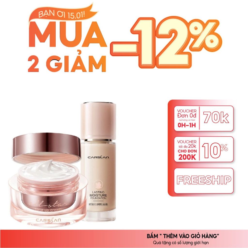 Combo kem nền Carslan mỏng nhẹ + kem lười Carslan che phủ nhanh, nền đều màu tự nhiên 2025