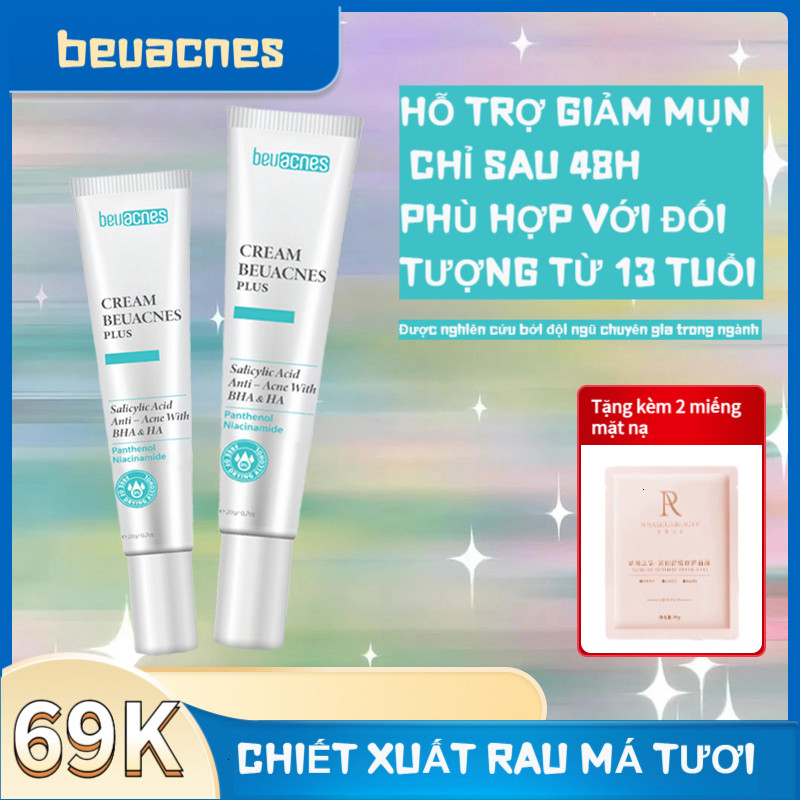 Kem Giảm Mụn BEUACNES PLUS 24h – Giảm Mụn Trứng Cá, Mờ Thâm Nhanh, Dưỡng Da Chiết Xuất Rau Má 15g