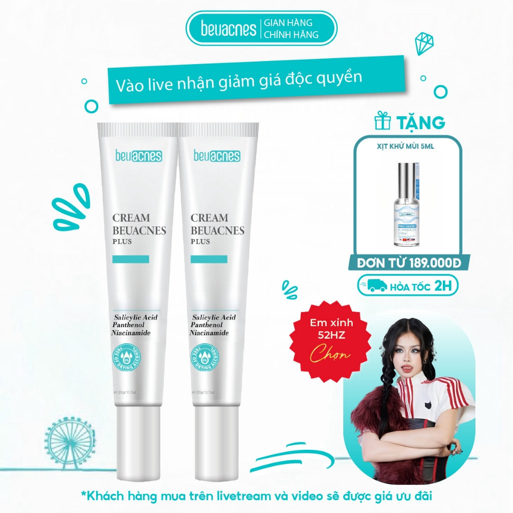 Combo 2 kem giảm mụn nhanh 24h BEUACNES PLUS mụn trứng cá, chiết xuất rau má, hỗ trợ mờ thâm mụn 15g