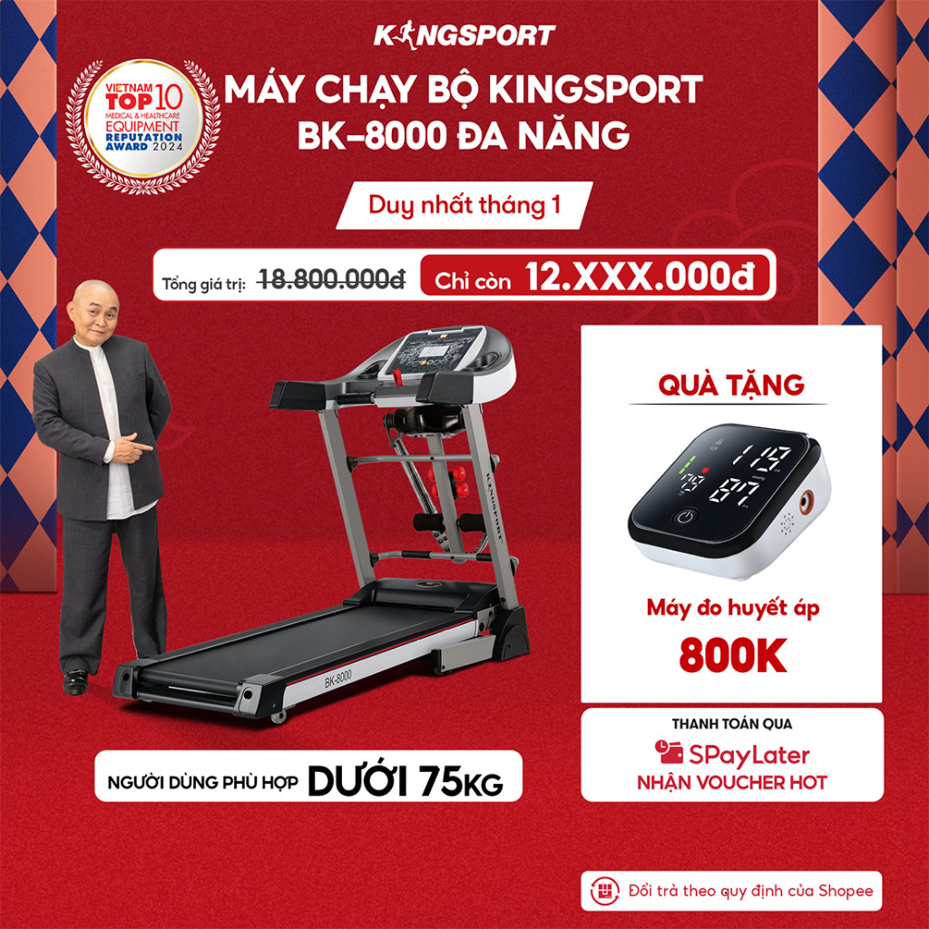 Máy chạy bộ KINGSPORT BK8000 đa năng, thảm chạy rộng chống trơn, kèm đai massage và thanh gập bụng