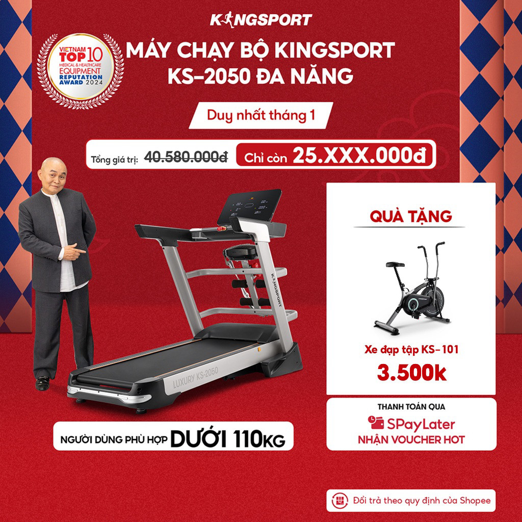 CHỈ GIAO MIỀN BẮC | Máy chạy bộ KINGSPORT Luxury KS2050 tốc độ đến 18,8km/h, 12 chường trình luyện t