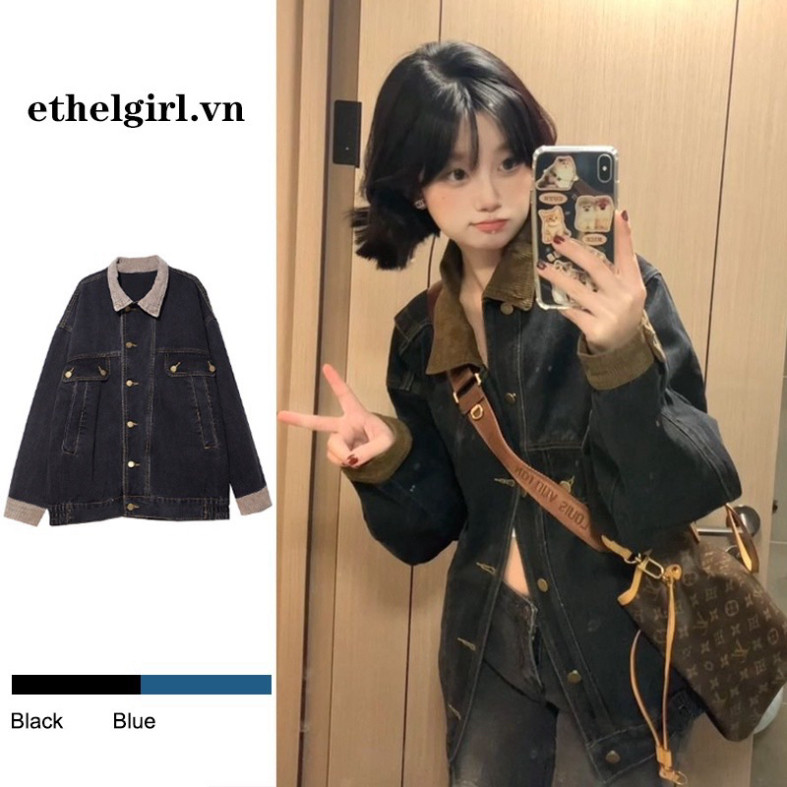 Áo Ấm Áo Khoác Jean Nhung Unisex Phong Cách Rộng, Có Túi & Viền Bo Chun - July7store