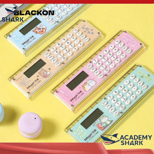 【Shark Academy】 Thước thẳng BLACKON 2 trong 1: Máy tính 8 số & Dụng cụ vẽ 15CM, hoàn hảo cho văn phò