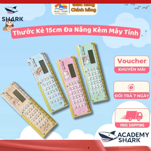 【Shark Academy】 Thước Kẻ 15cm Đa Năng Kèm Máy Tính Mini - Công Cụ Học Tập Cho Trẻ Em