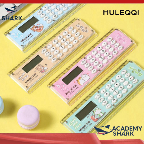 【Shark Academy】 Thước kẻ 15CM đa năng 2 trong 1 kèm máy tính 8 số, quà tặng dễ thương