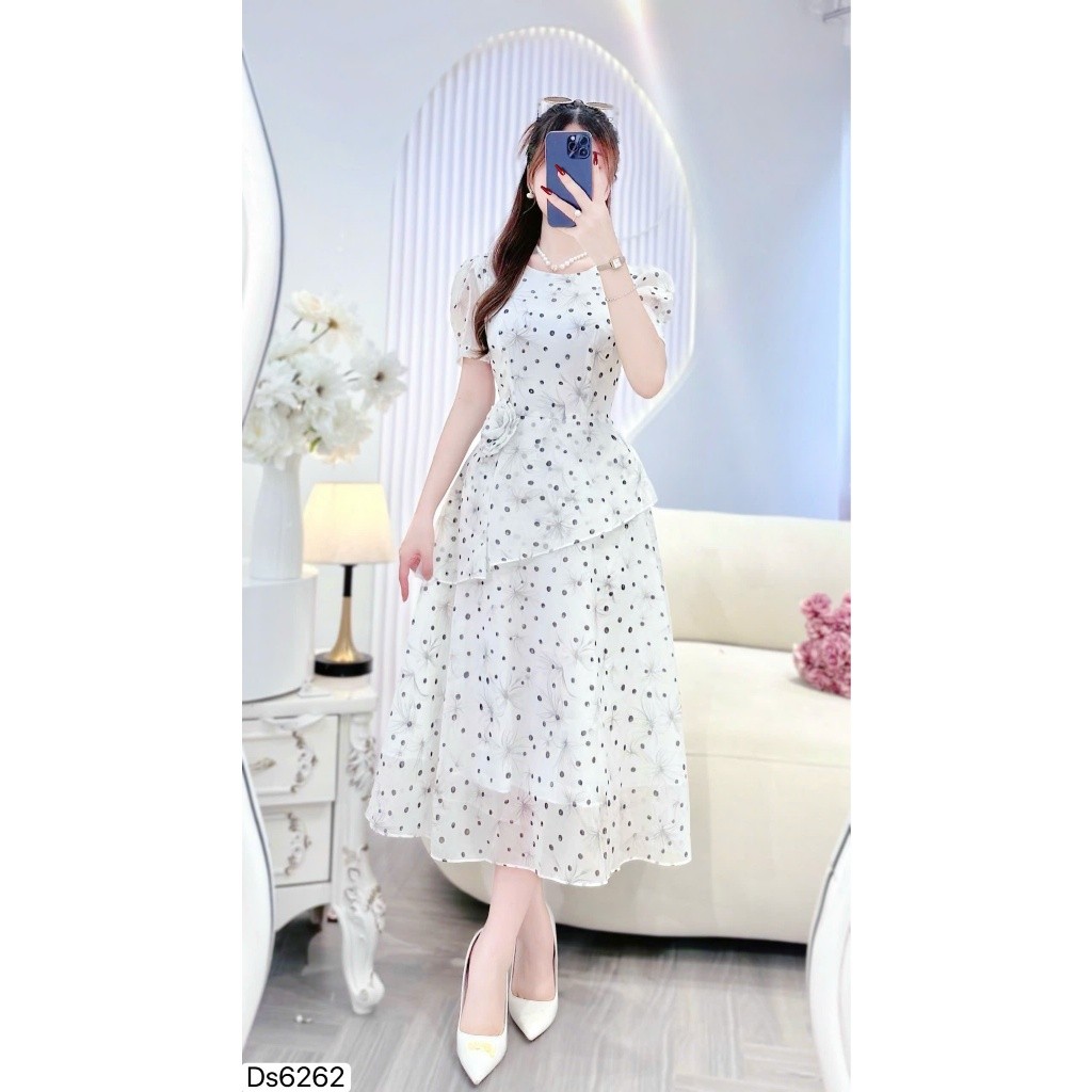 Váy Thiết Kế DVC - Váy Tơ Trắng Dáng Xòe Chấm Bi, Hoa Eo, Cộc Tay DS6262 - DOLCE VIVA COLLECTION
