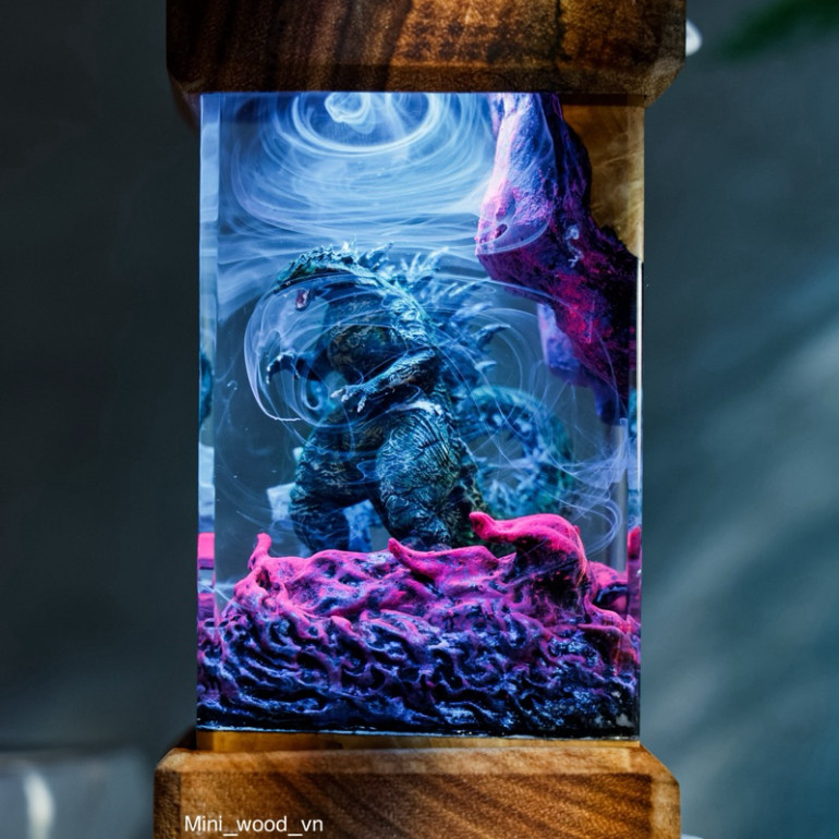 Đèn gỗ resin epoxy Godzilla & Kong, Lamp resin epoxy Godzilla & King Kong, Lamp resin epoxy custom n