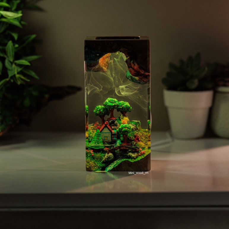 Đèn gỗ resin epoxy Dream Houses, Lamp resin epoxy Dream Houses, Lamp Resin Epoxy Custom Handmade Nig