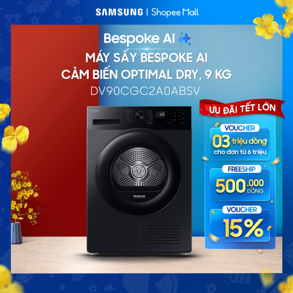 [NHẬP SSDABLK GIẢM 12%]Máy sấy bơm nhiệt Samsung 9kg DV90CGC2A0ABSV