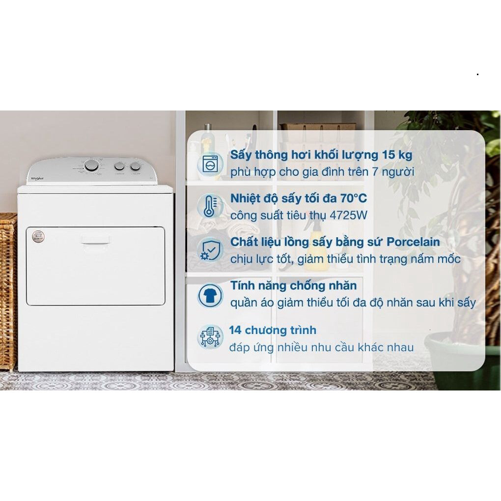 Máy sấy thông hơi Whirlpool 15 kg 3LWED4815FW0 - Điện Máy Kho Rẻ