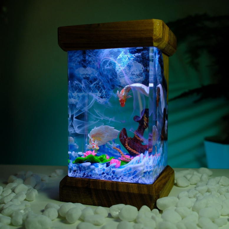 Đèn gỗ resin epoxy Cá Koi, Lamp wood resin epoxy Koi Fish, Lamp wood resin epoxy custom handmade