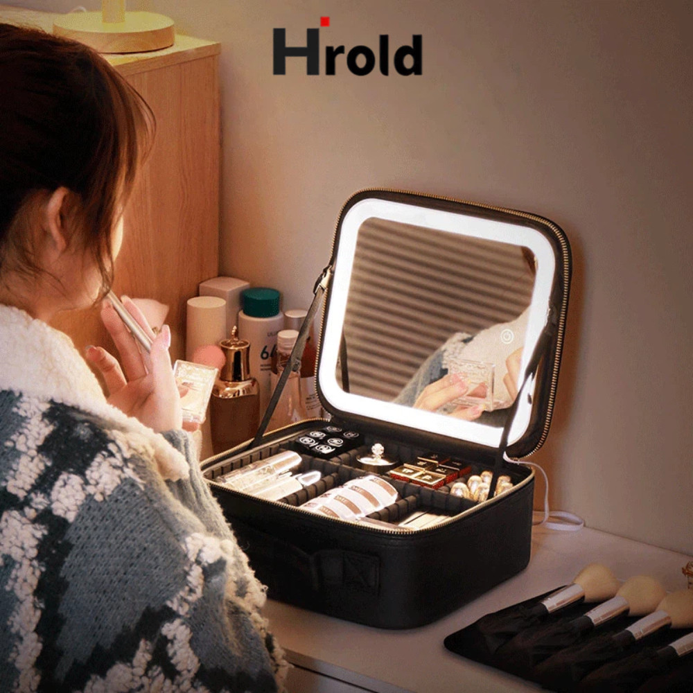 Hrold Cốp Makeup Hồng Cốp Đựng Mỹ Phẩm  26*23*11CM Hộp Đựng Đồ Makeup LED Gương Túi Đựng Đồ Makeup