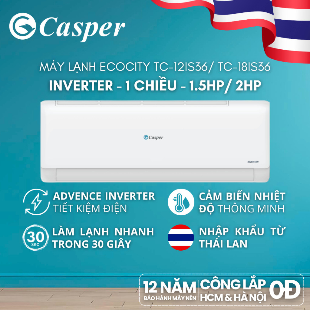 [Shopee - Lắp đặt 0Đ HN HCM] Máy lạnh/ Điều hòa Casper Inverter 1 chiều  TC-09IS36 1HP / TC-12IS36 1