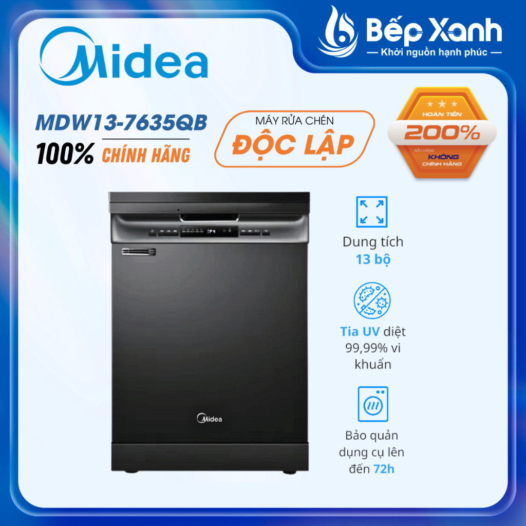 Máy rửa chén độc lập Midea MDW13-7635QB, 13 bộ, sấy UV, 9 chương trình