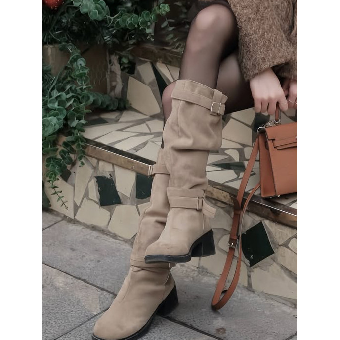 JULYBOOT Giày Boot Mũi Nhọn Cổ Chùng, Boots Da Lộn Đế Cao Phong Cách Cao Bồi Vintage Âu Mỹ Cực Chất 