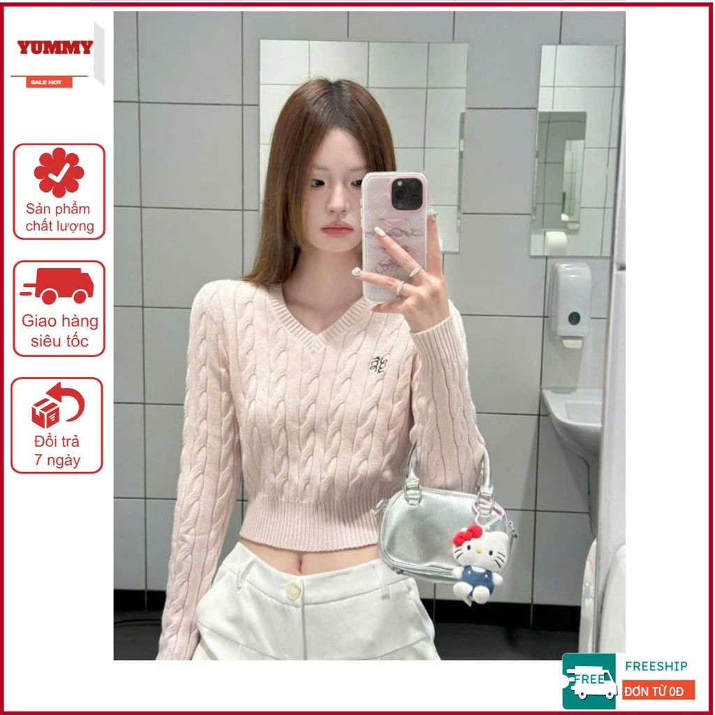 Áo len croptop YUMMY cổ tim, Áo len thừng hồng pastel xinh xắn AL75