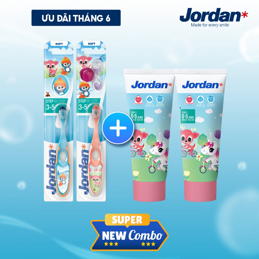 Bộ Jordan Step Baby : 2 bàn chải đánh răng trẻ em Jordan 3-5 tuổi + 2 Kem đánh răng vị dâu Jordan bư