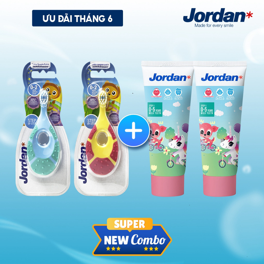 Bộ Step Baby Jordan  – 2 bàn chải đánh răng trẻ em Jordan Step 1 + 2 Kem đánh răng vị dâu Jordan Ste