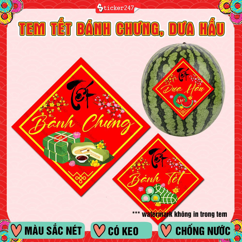 Tem Tết Dán Bánh Chưng, Dưa Hấu Có Keo 🌈𝑭𝒓𝒆𝒆𝒔𝒉𝒊𝒑 Tem Tết Dán Bánh Tét, Trái Bưởi  - Sticker Tết Hình
