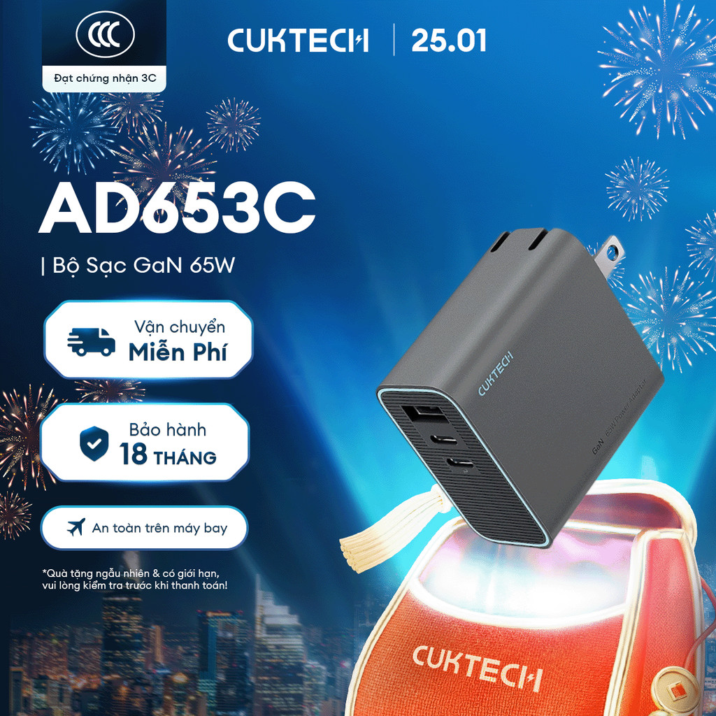 Củ Sạc GaN CUKTECH AD653C 2C1A | Cống Suất 65W Max | Hỗ Trợ Sạc Nhanh | Thiết Kế Nhỏ Gọn | Bảo Hành 