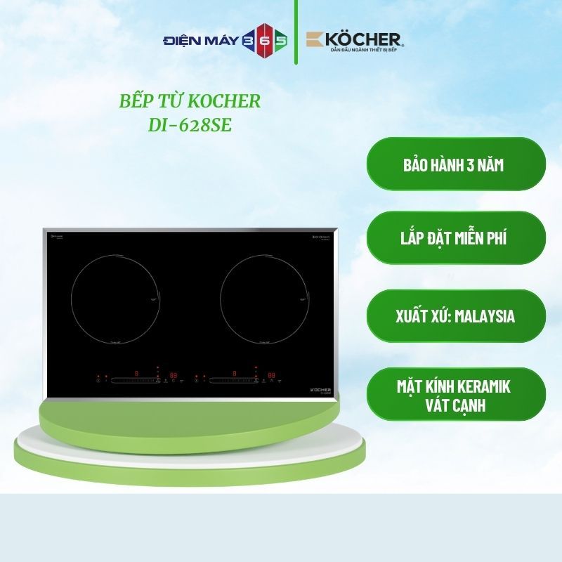 Bếp từ Kocher 2 vùng nấu DI-628SE - Mặt kính Keramik cao cấp vát 4 cạnh - Điều khiển cảm ứng