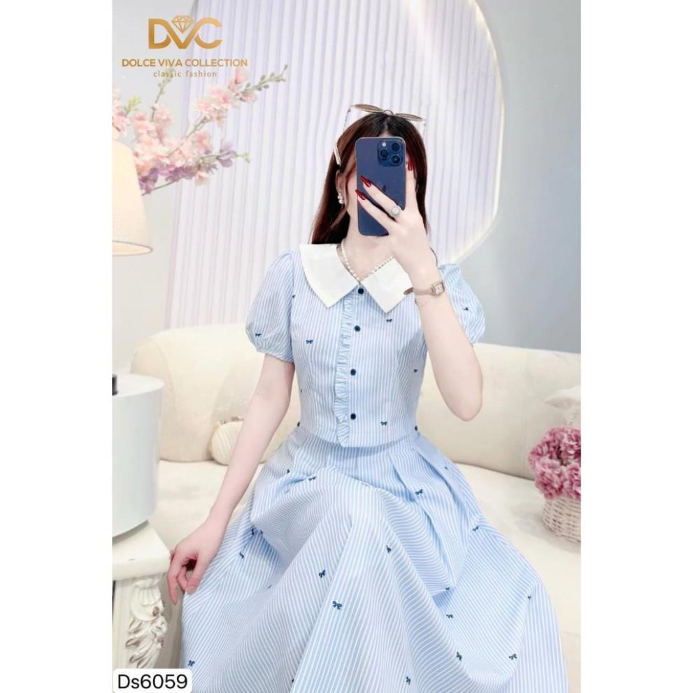 (GIAO NGAY-DVC CHÍNH HÃNG) DS6059 Đầm sơ mi cổ sen tay phồng nơ xanh kẻ sọc phong cách tiểu thư dáng