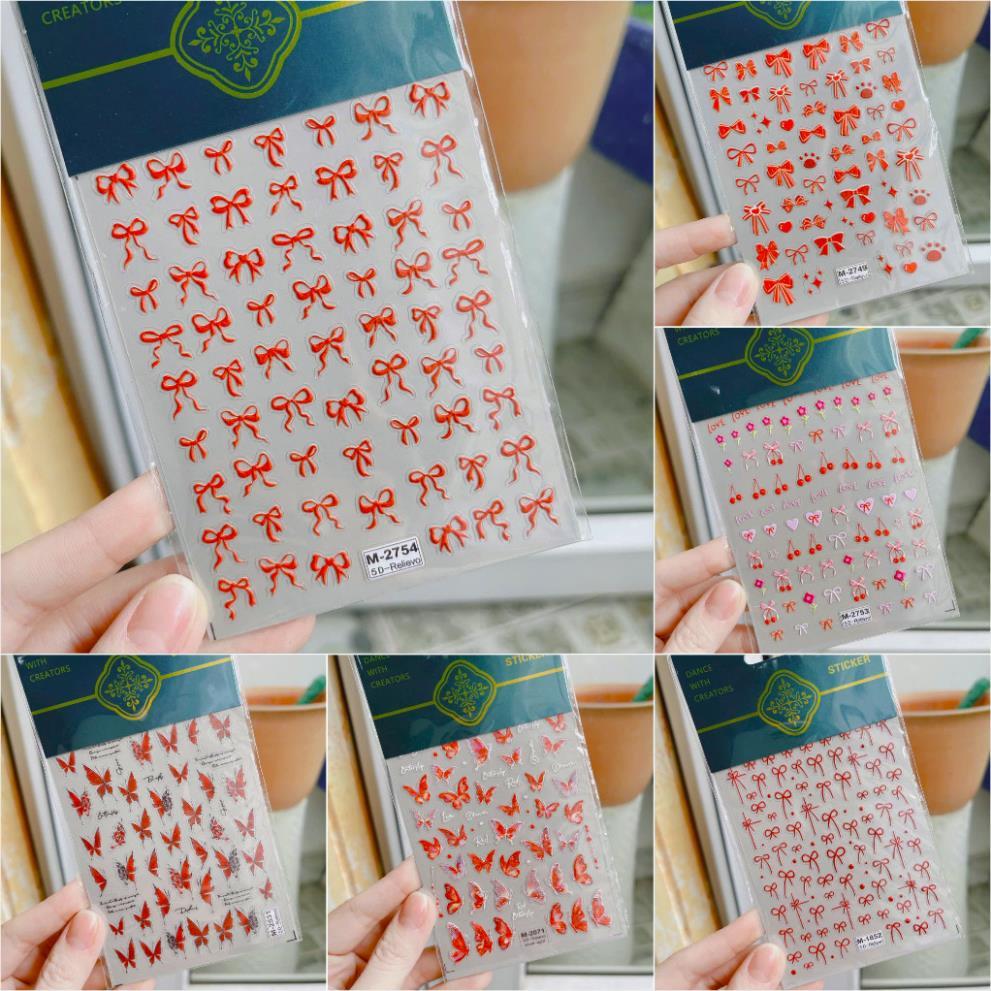 Sticker 5D đỏ Tết may mắn mẫu nơ cherry trái tim bứm mừng năm mới