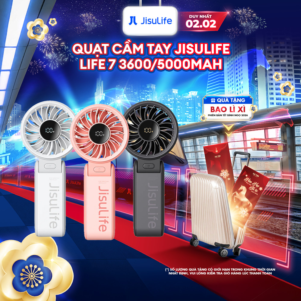 Quạt Cầm Tay Mini JISULIFE Life 7 5 Cấp Gió Màn Hình LED Gập 150 Độ 3600/5000mAh, Bảo Hành 12 Tháng