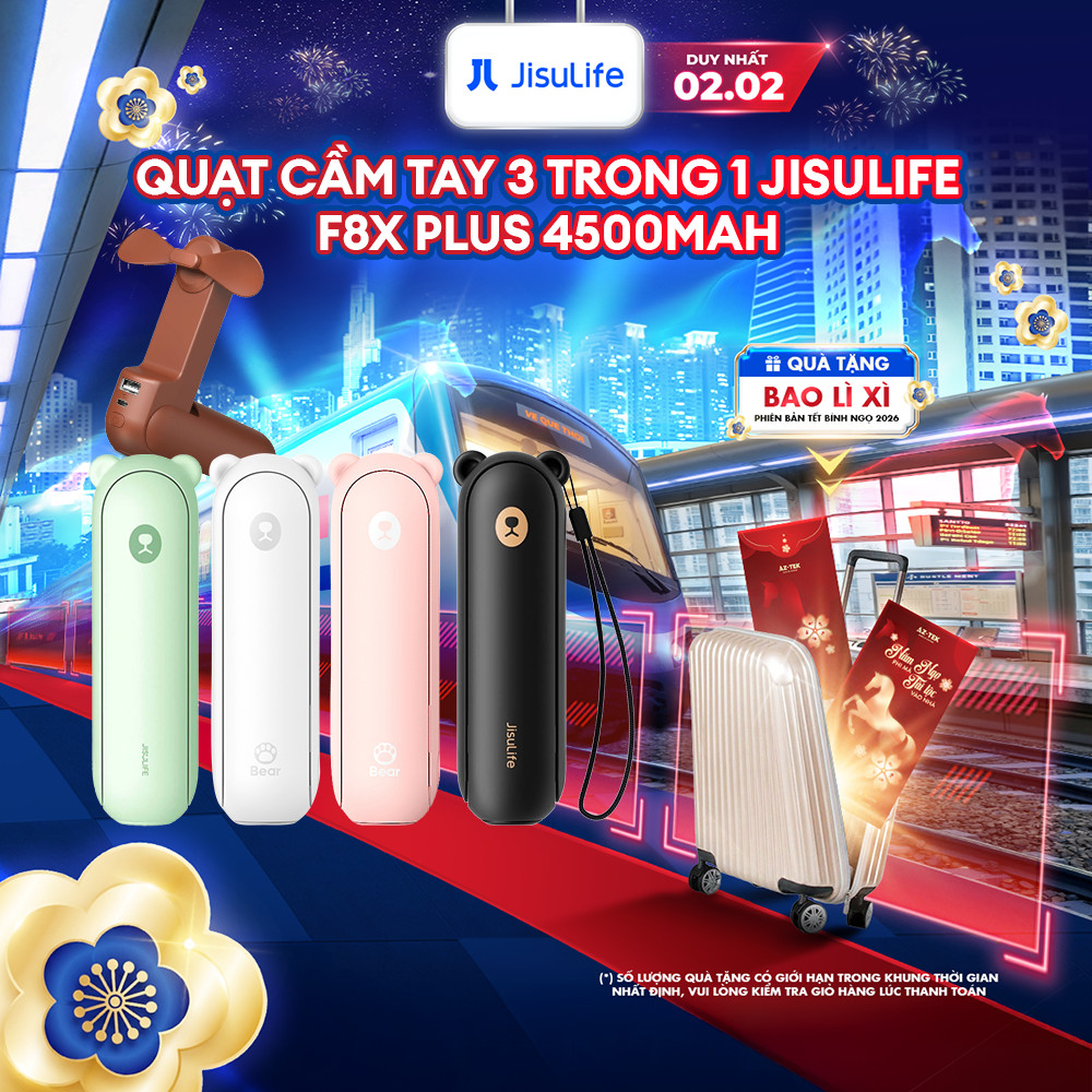 Quạt Cầm Tay 3 in 1 JISULIFE F8X Plus 4500mAh Tích Hợp Sạc Dự Phòng - Đèn Pin Siêu Sáng Bảo Hành 12 