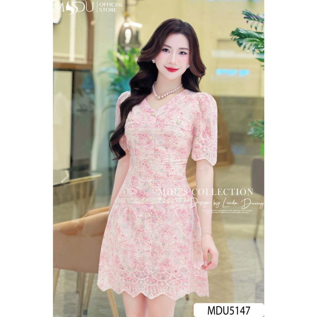 Váy Thiết Kế MDU5147 Chất Thô Thêu Nổi Cao Cấp Cổ V Thanh Thoát Cùng Tay Bồng Nhẹ Mềm Mại Từ MDU