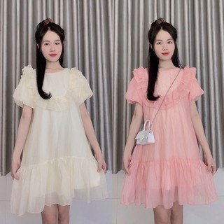Đầm váy babydoll tơ cổ tròn phối bèo tay bồng HALY DRESS
