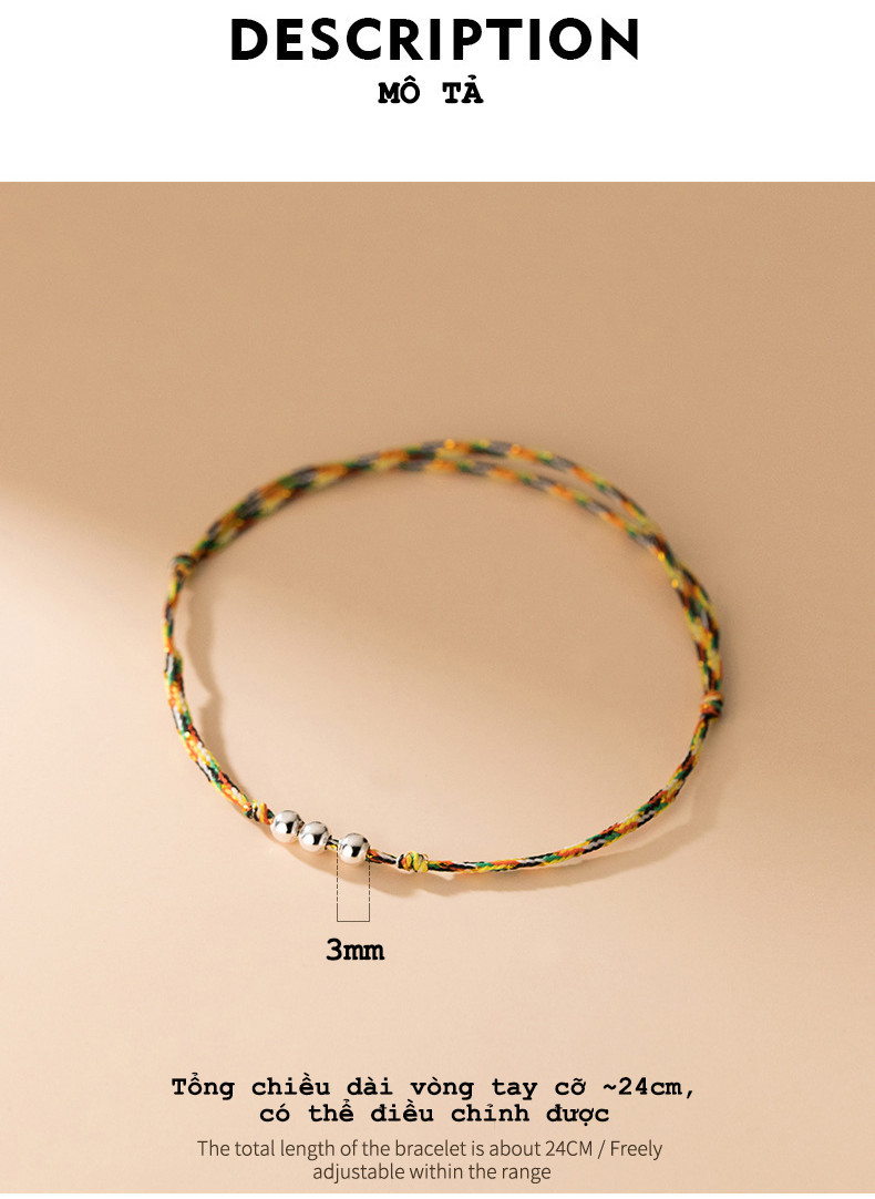 Vòng tay chỉ ngũ sắc với 3 viên bi bạc 3mm 