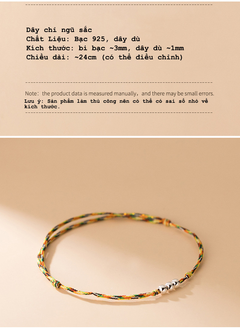 Vòng tay chỉ ngũ sắc với 3 viên bi bạc 3mm 