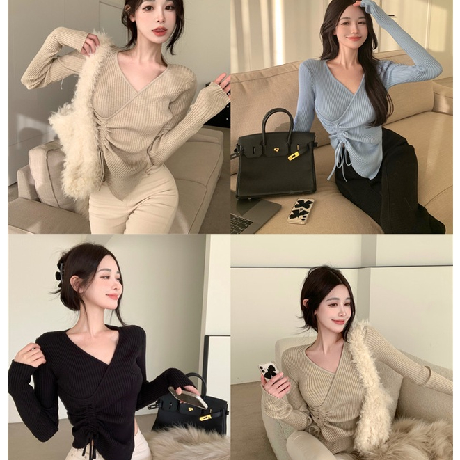 Áo len nữ dài tay sweater cổ chữ V vắt tà đan chéo thiết kế kiểu dáng ôm dây rút chiết eo body tôn dáng phong cách sexy