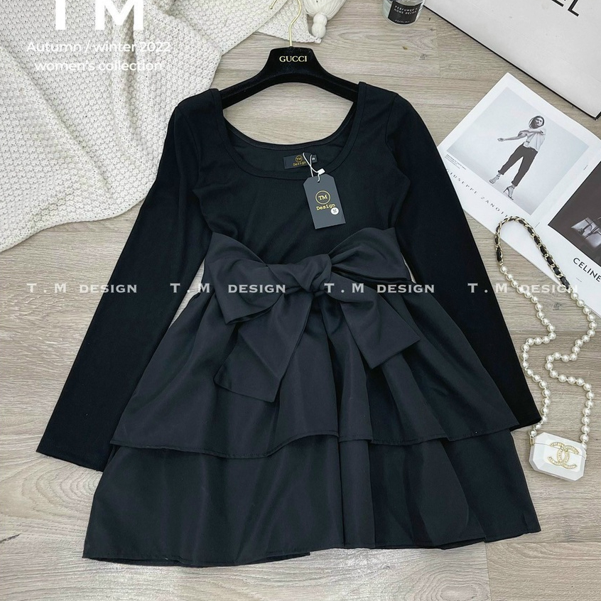 Set váy nữ EVANIA set váy tiểu thư dáng xòe thiết kế có nơ thắt eo sang chảnh, váy dự tiệc màu Đen MÃ B250