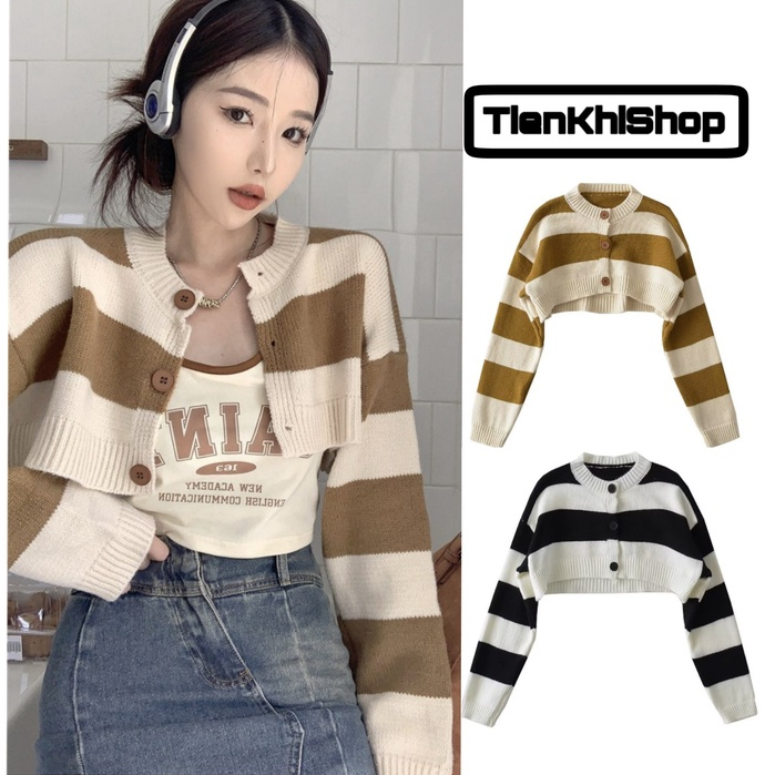 HOẢ TỐC HCM Áo len tay dài sọc ngang bản to croptop cài nút đen nâu AL33