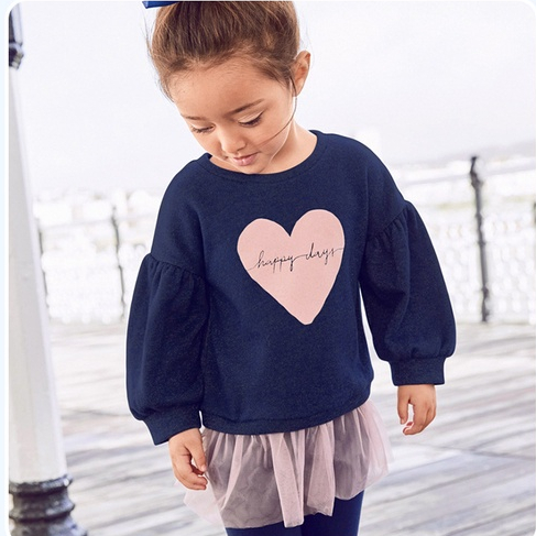 Mã S1150 váy nỉ trái tim màu xanh navy phối chân váy ren hồng điệu xinh cho bé gái của Little Maven