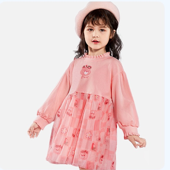 Mã HS0001 váy nỉ băng lông kín cổ hình gấu hồng ấm áp điệu đà của Little Maven cho bé gái
