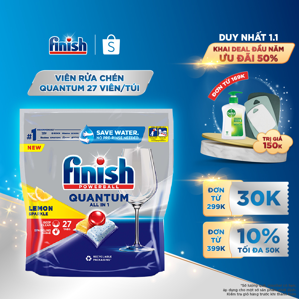Viên Rửa Chén Bát Hương Chanh Finish Powerball Quantum All In 1 Lemon Sparkle 27 viên