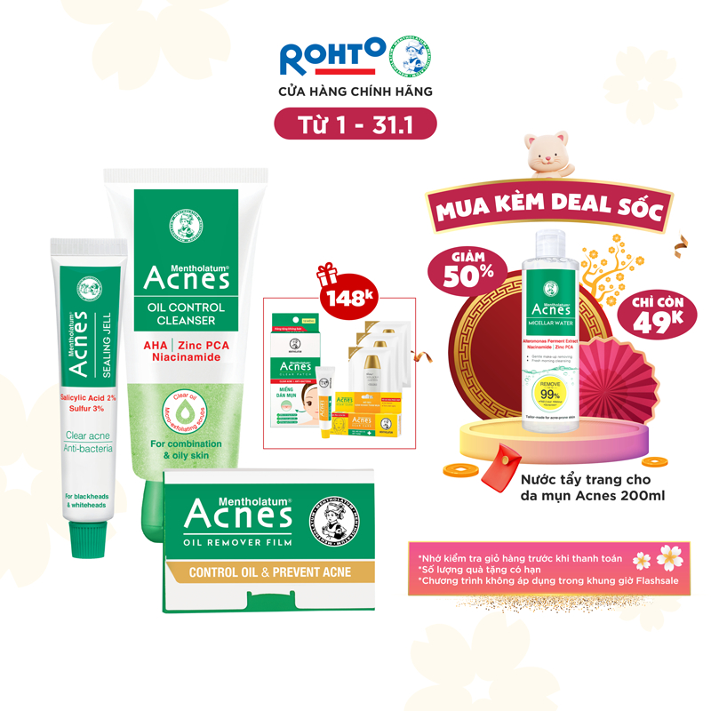 Bộ sản phẩm Acnes kiểm soát dầu dành cho da dầu/da hỗn hợp+Tặng miếng dán mụn&Gel mờ thâm Acnes+3 Gói chống nắng Sunplay