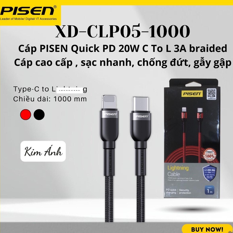 Dây sạc nhanh Pisen Quick USB-C to L, 3A Braided 1000mm (XD-CLPD05-1000), Hàng chính hãng