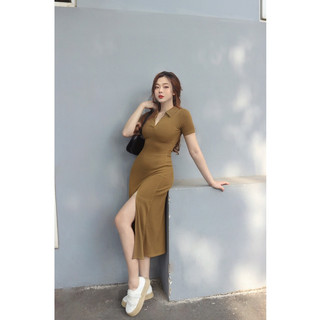 Đầm body dự tiệc chất len Quảng Châu co giãn, váy body dáng dài xẻ tà