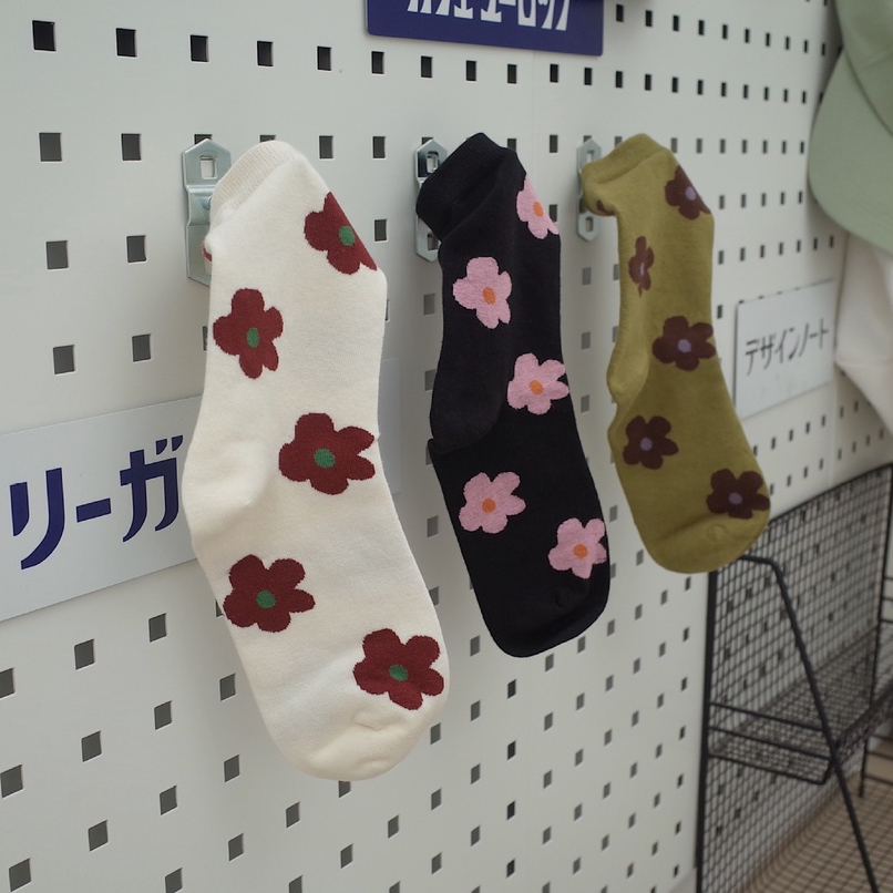 Tất cao cổ JK cosplay đính nơ dệt kim dày dặn họa tiết hoa Floral đáng yêu, Tất vớ trắng cotton thoáng khí TG12
