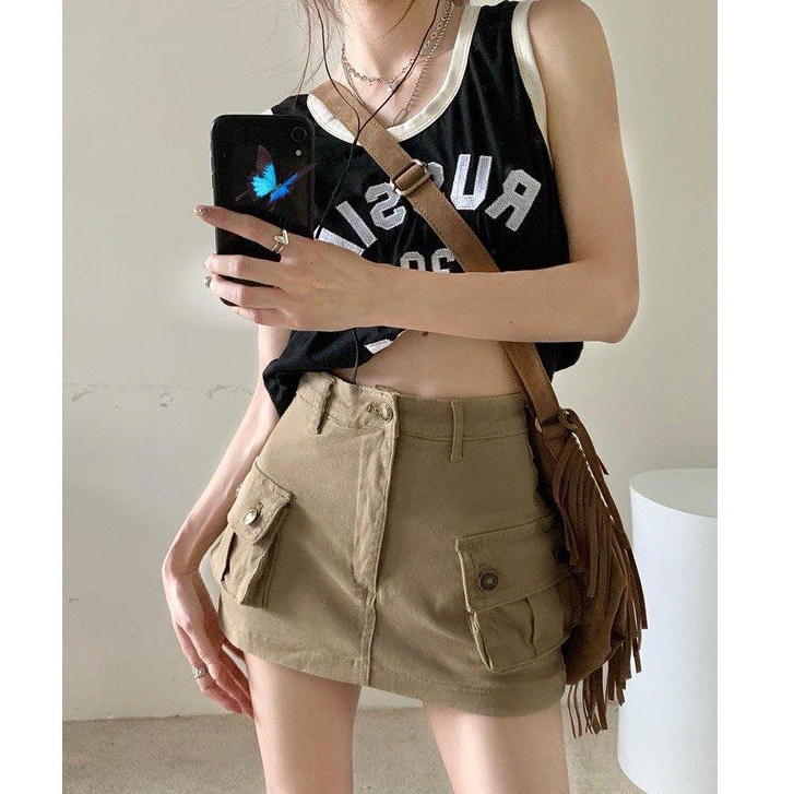 Chân váy kaki túi hộp Cargo màu camel cá tính, có lót trong an toàn 059 FIORI STORE